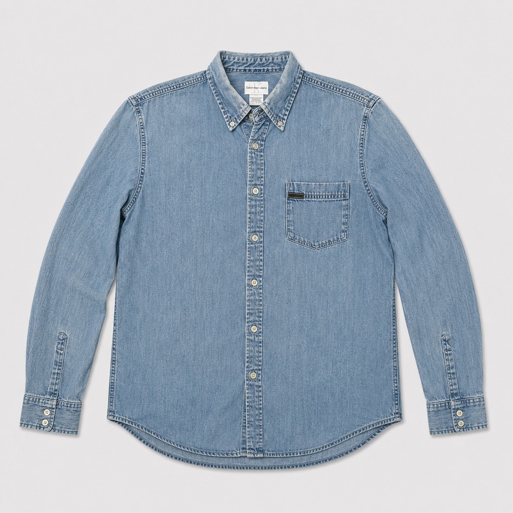 Calvin Klein Jeans Mens L Denim Button Up Shirt Blue Long Sleeve Cotton